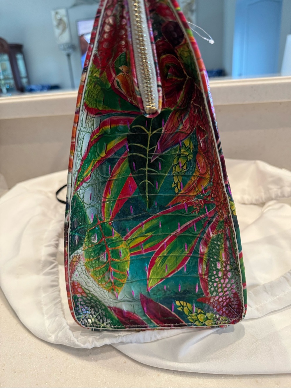 Brahmin Multicolor Floral Embossed Satchel - Pink, Green, Orange - Picture 4 of 6